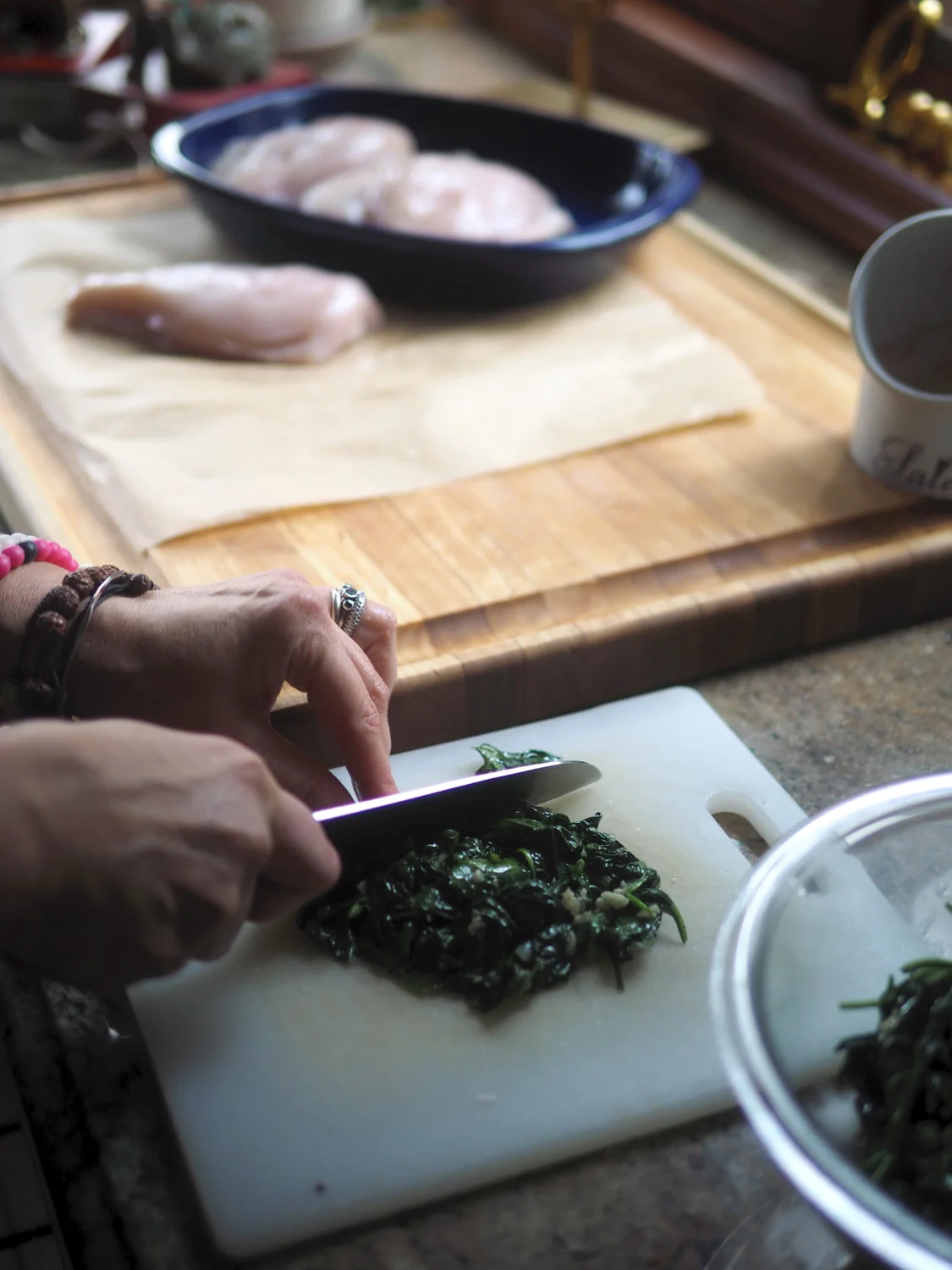 I chopped the spinach because I thought it would be easier to eat as well as insert into the chicken. Photo credit: Robert Perri