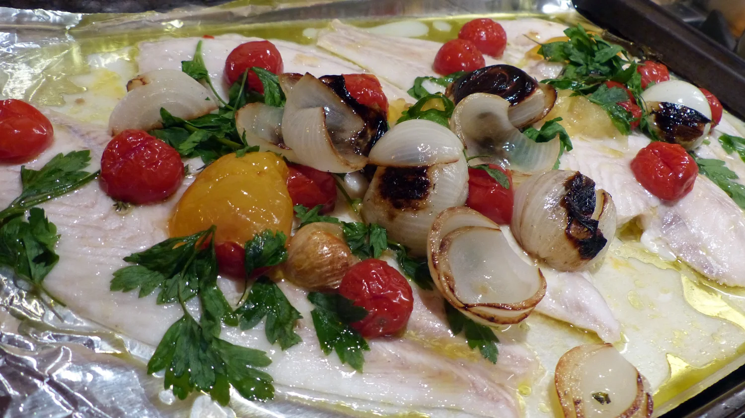 Oven Roasted Grouper Filets with roasted tomatoes, onions and garlic