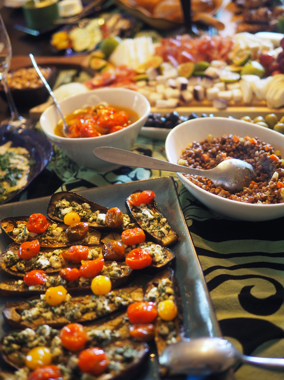 Eggplant, lentils and a bowl of the extra oven roasted tomatoes.
