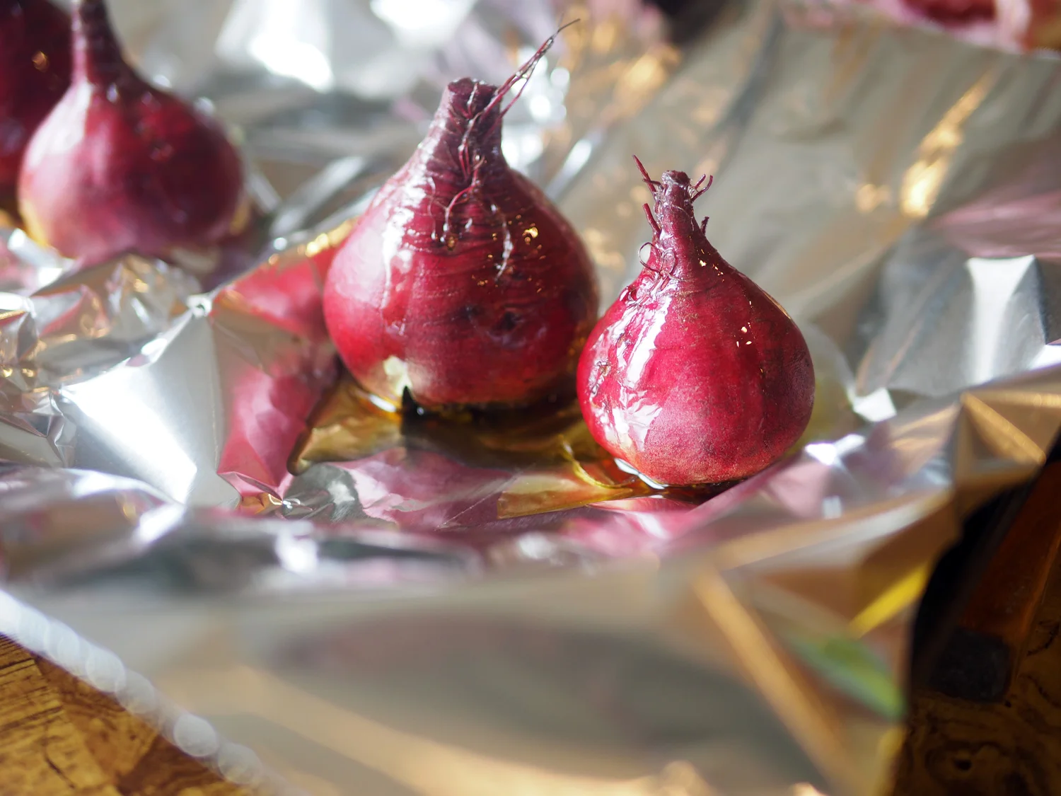 Beets awaiting their steam bath by way of oven roasting.