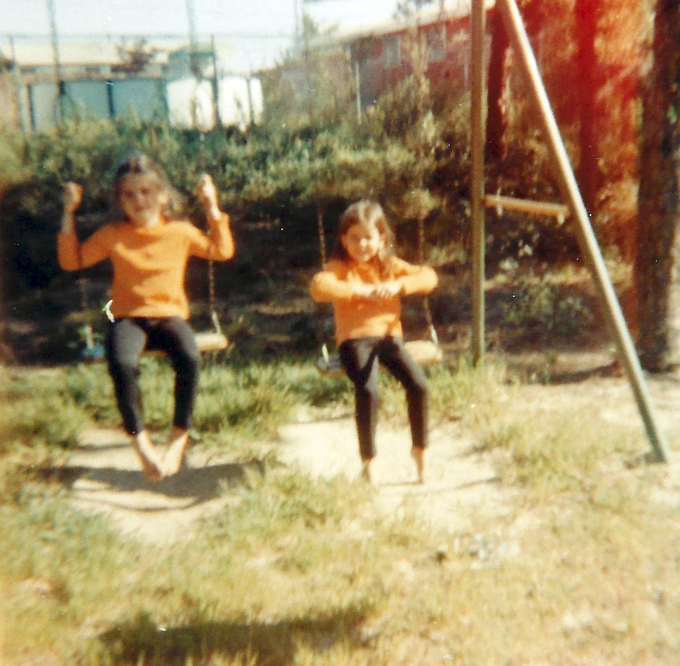 My twin sisters, Alyssa and Jill. Mom always dressed them in the same outfits. I love that being out in the 'country' turned them into barefoot, wilderness adventurers.