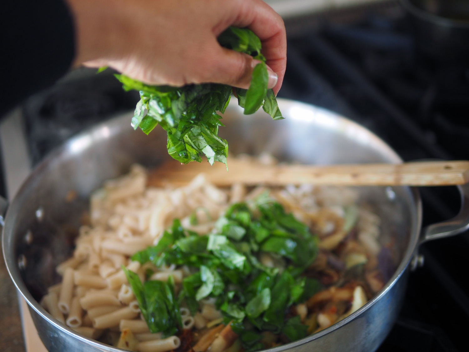 Add the basil at the end to keep it from cooking all the way through.