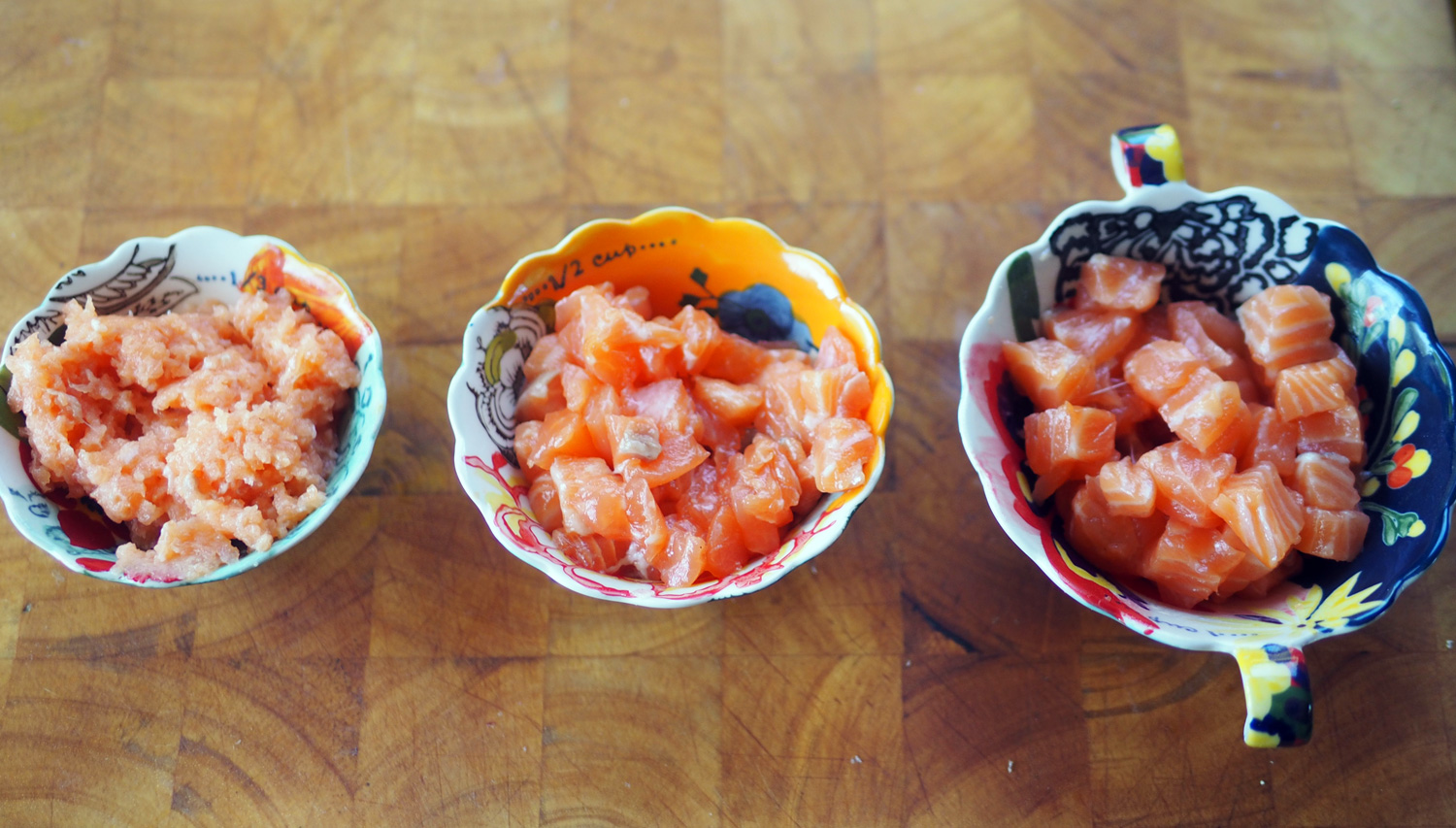 Salmon paste that will be the glue to hold the other two together.