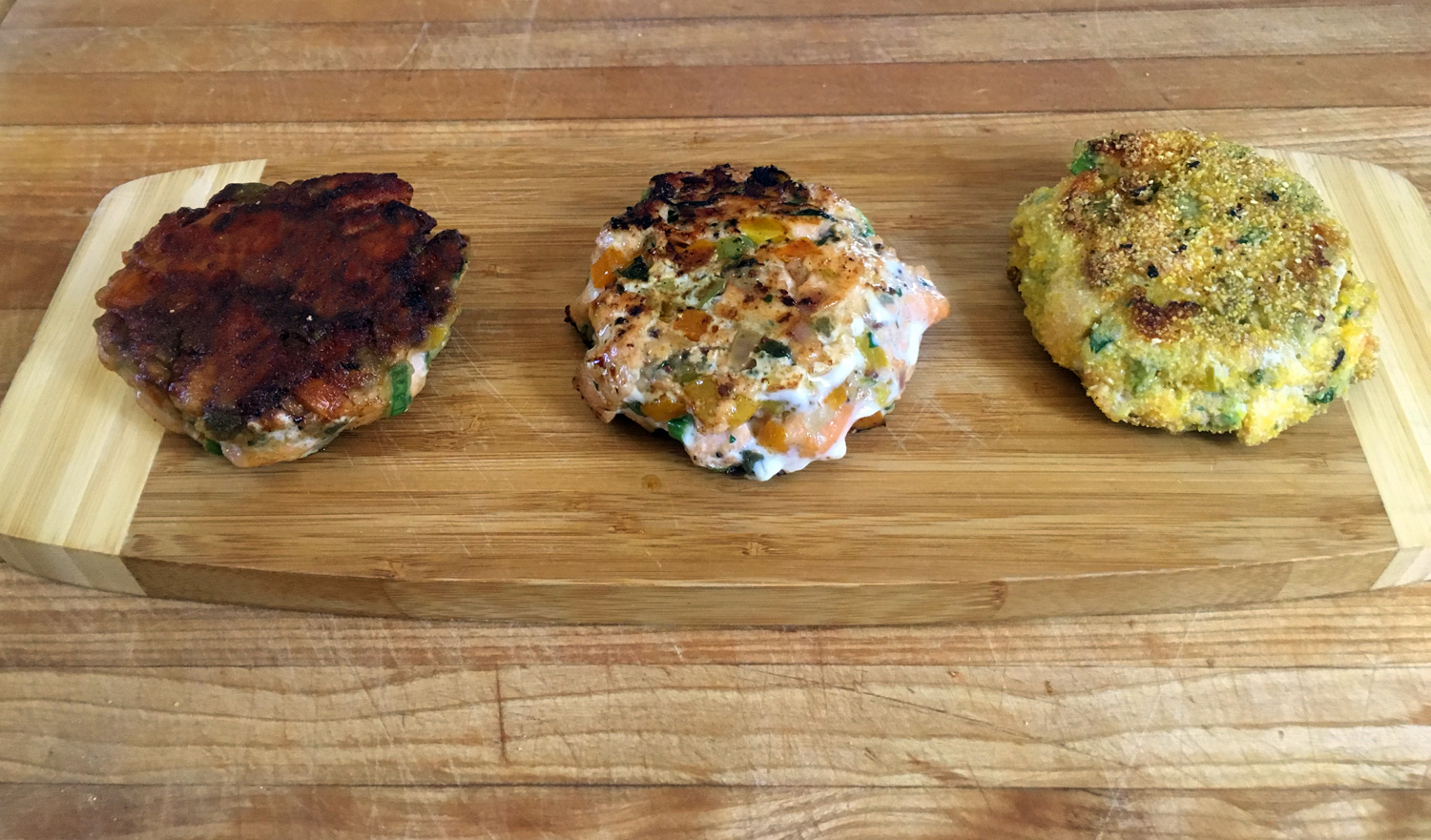 The final lineup from left to right: Potato coated, no coating, corn grits coated. You can see how much darker the potato coating got.