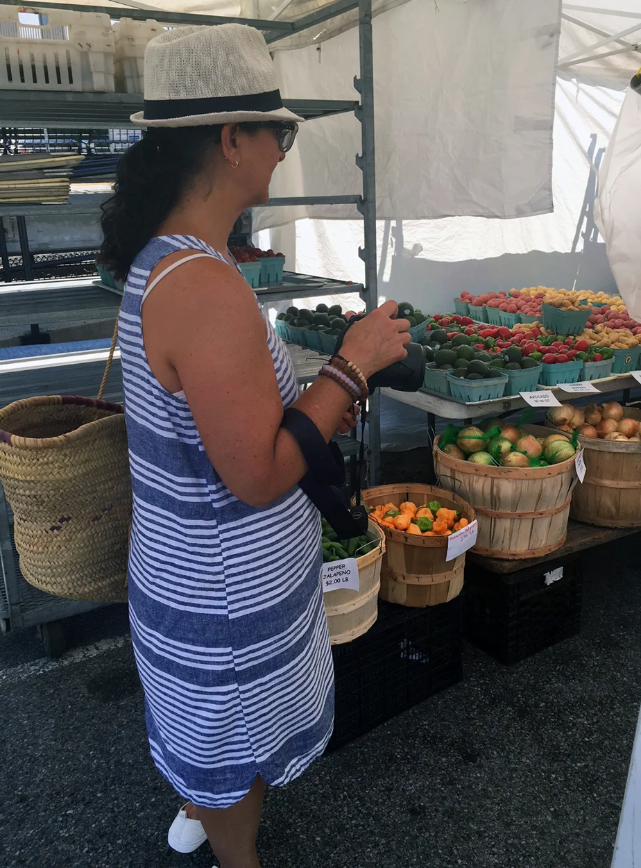 Me in my local farmer's market get up ready to stuff my bag.
