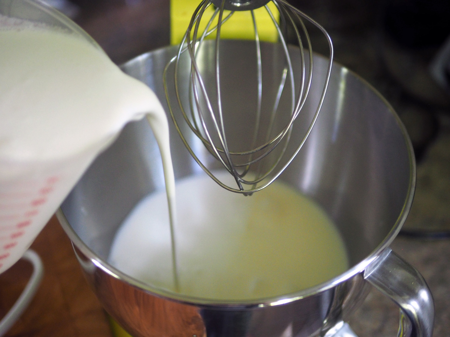 Pour in the cream and milk