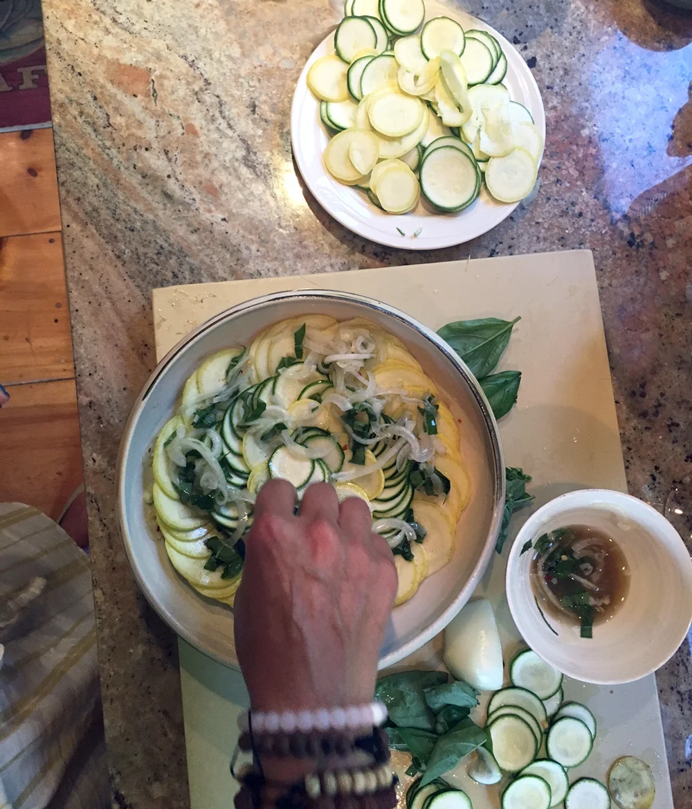 Sometimes I start my circles with yellow squash, then zucchini. Other times the versus. I know, I live dangerously.