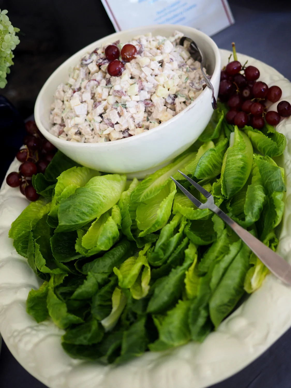 A huge bowl full of light and crunchy, savory and zesty chicken salad.