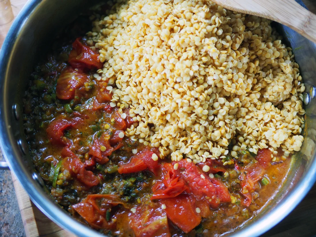 Tomatoes and lentils finish off the main ingredients, as they wait for their water bath to gently cook them.