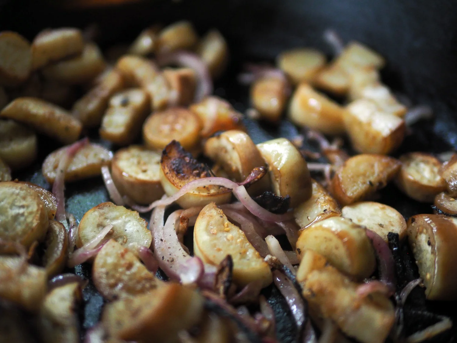 Get a good sear so the eggplant don’t get mushy. You want a nice bite to them.