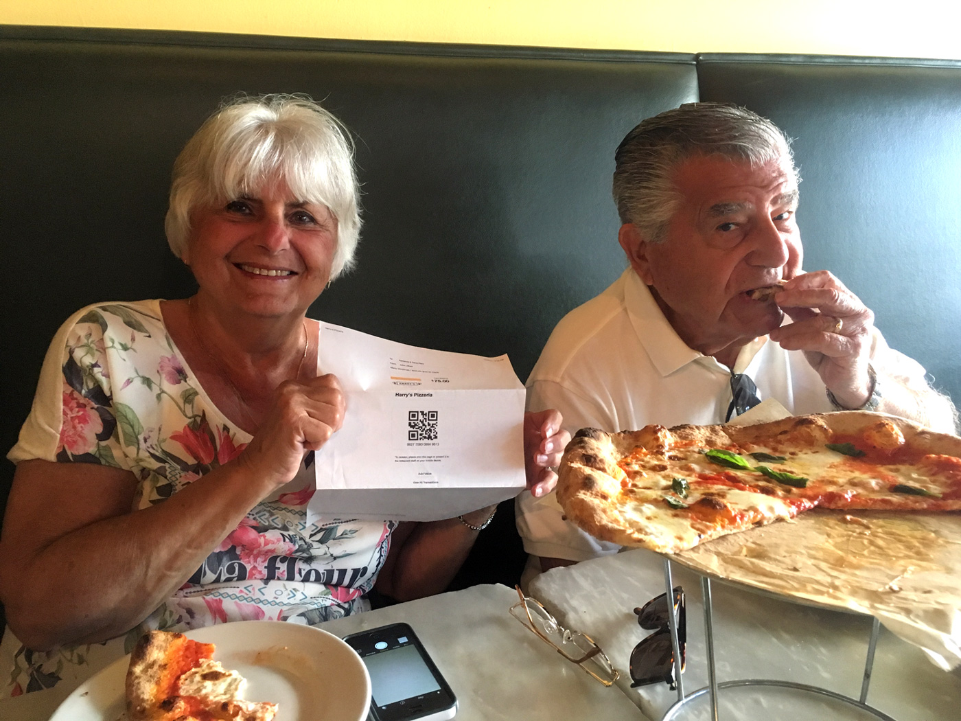 These two enjoying a gift certificate from their grandson, John, to their favorite eatery in Miami, Harry’s Pizzeria