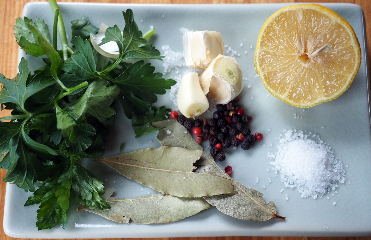 The aromatics will lightly infuse flavor into the shrimp.