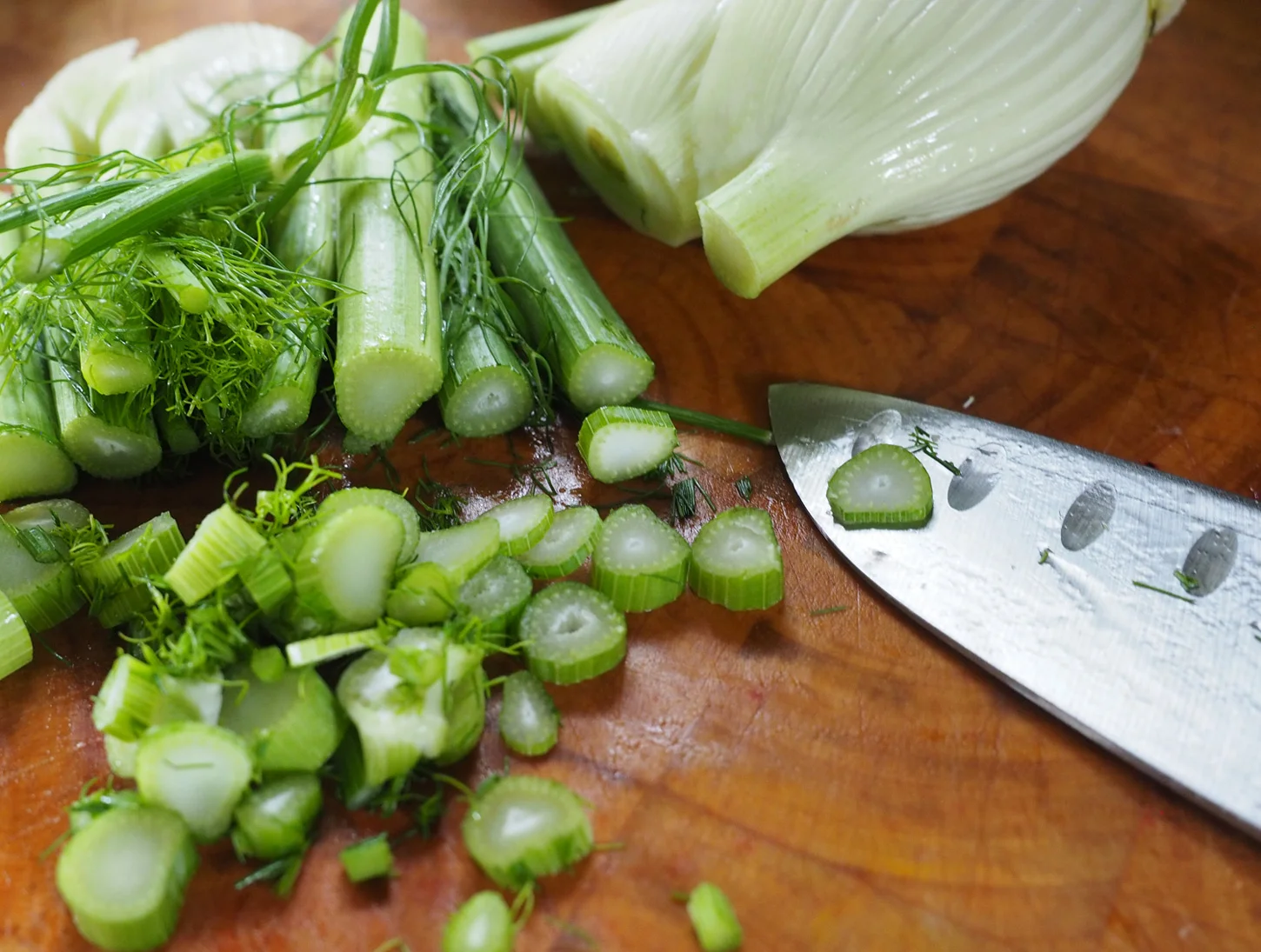I used both the fennel stalks and the bulb, chopping them in chunky rounds.