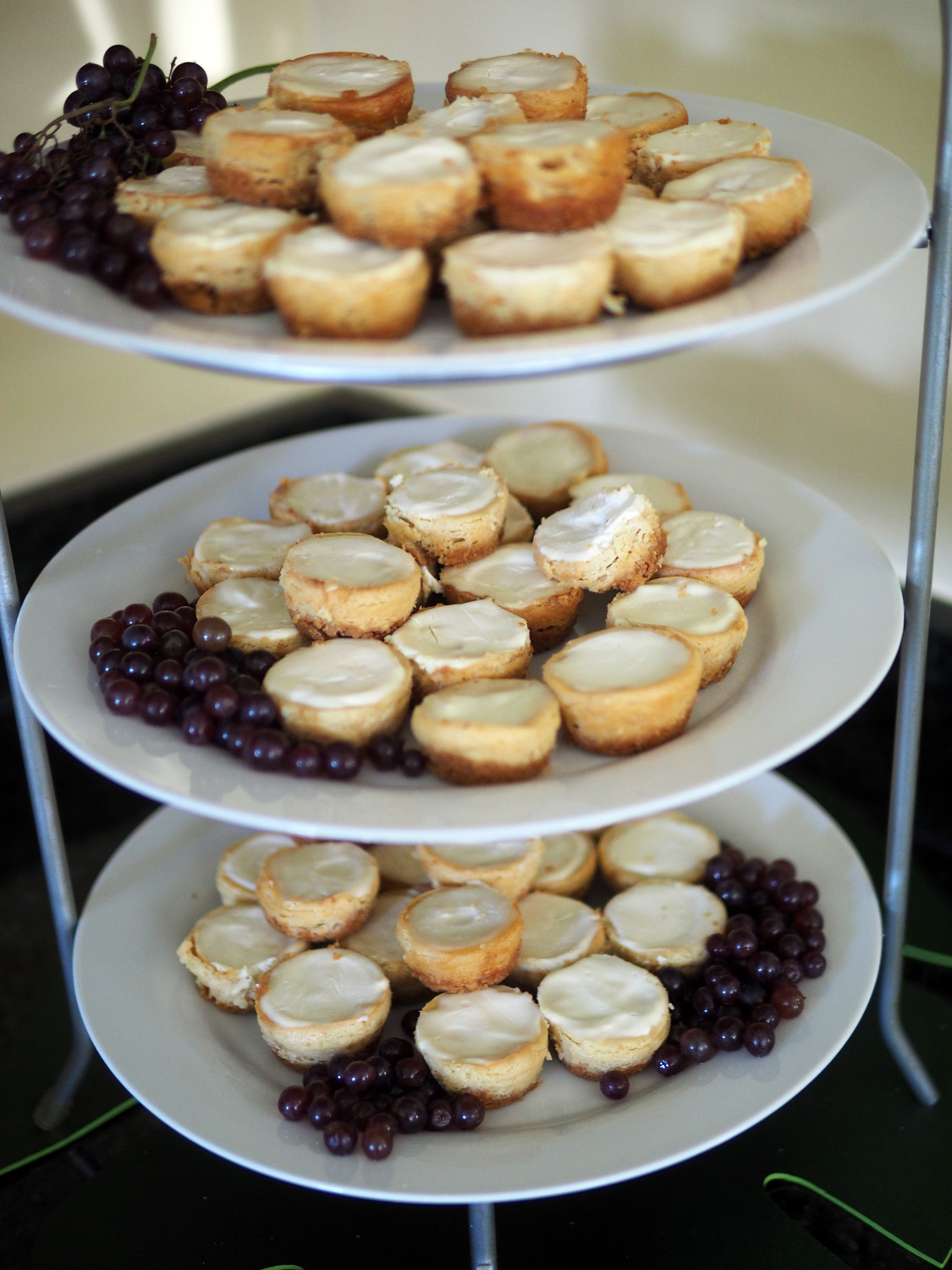 Mini Cheese Cakes . Use the base recipe for the pie but instead of using one pie crust, use crushed graham crackers with melted butter and press into mini cupcake tins. Then fill with batter and bake. These are perfect two bite treats. Champagne grapes give a tart pop.