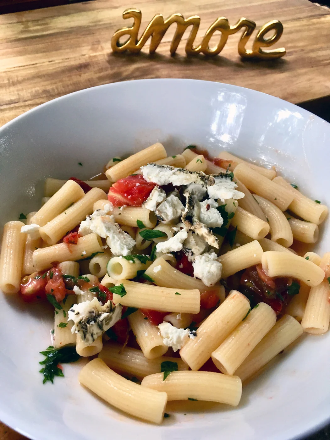 Paolo’s Gluten Free Ziti with fresh tomatoes and herb goat cheese. Clearly not the same but just as good.