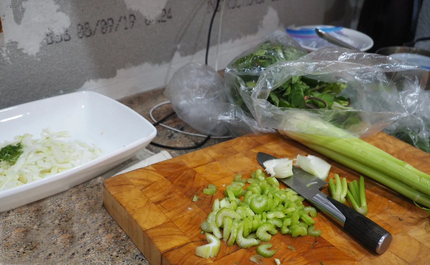 Take notice of wall where we tore out the old, horrible ceramic tile backsplash. You see why it was impossible to post any recipes. Even this one is a stretch.