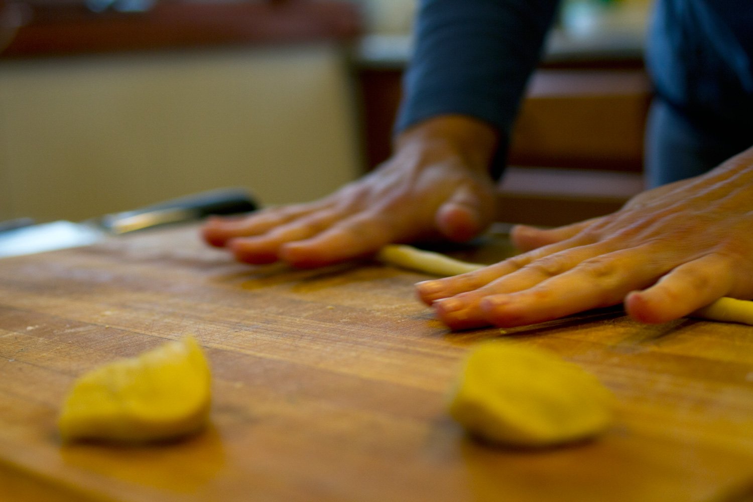  After kneading the dough, it’s cut into small pieces  