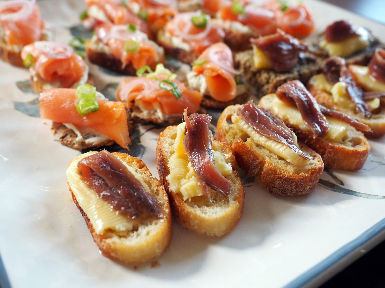 Crostini with Onion Cream Cheese &amp; Smoked Salmon, Crostini with butter &amp; anchovy