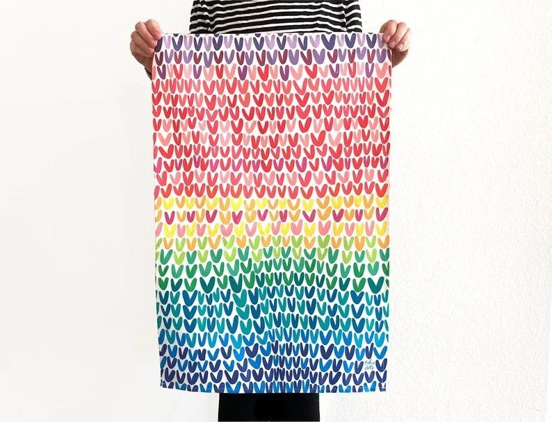 rainbow heart print design tea towel