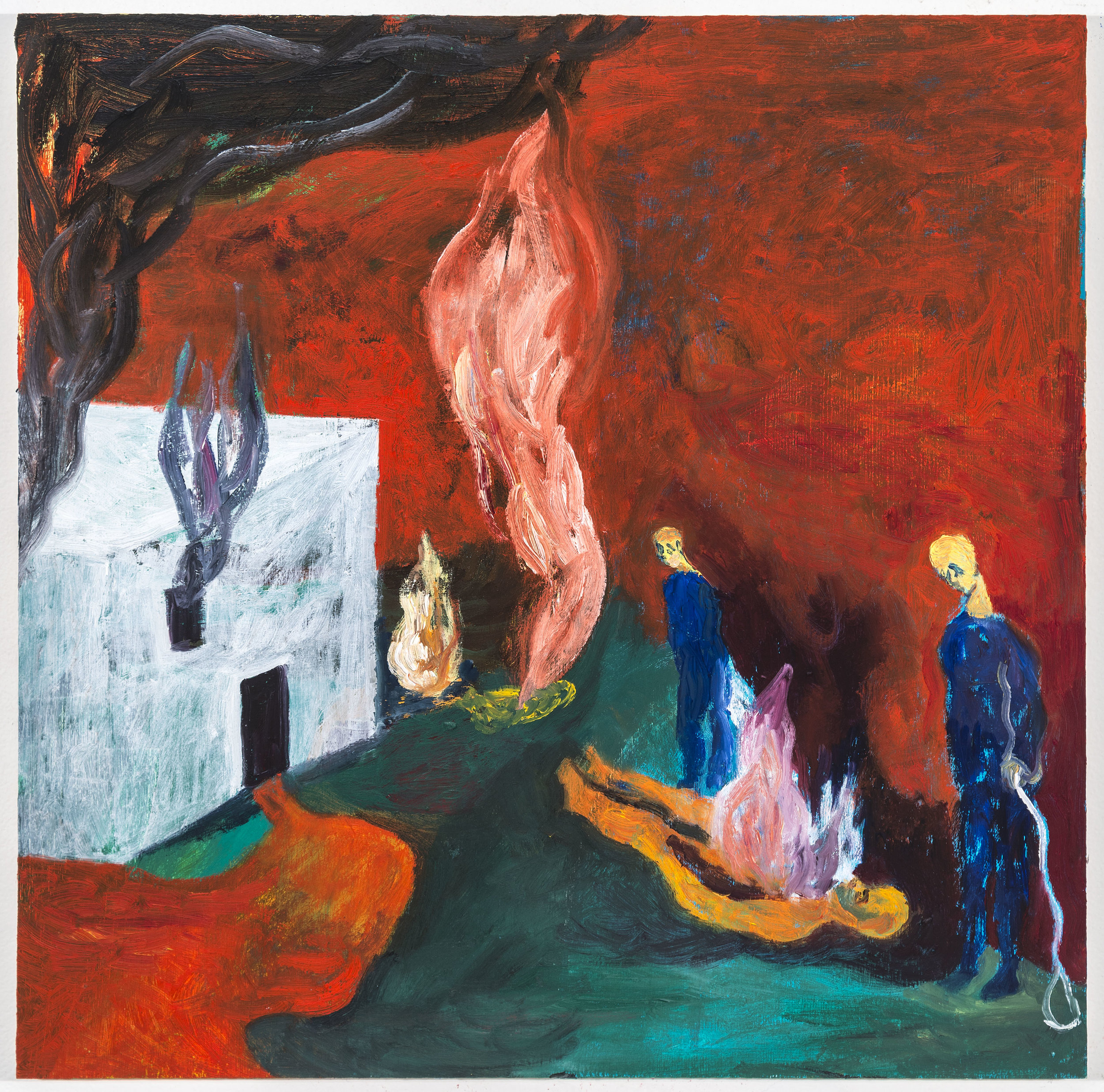 Burning at Douma , West Bank, Oil on Wood, 14"x14", 2015