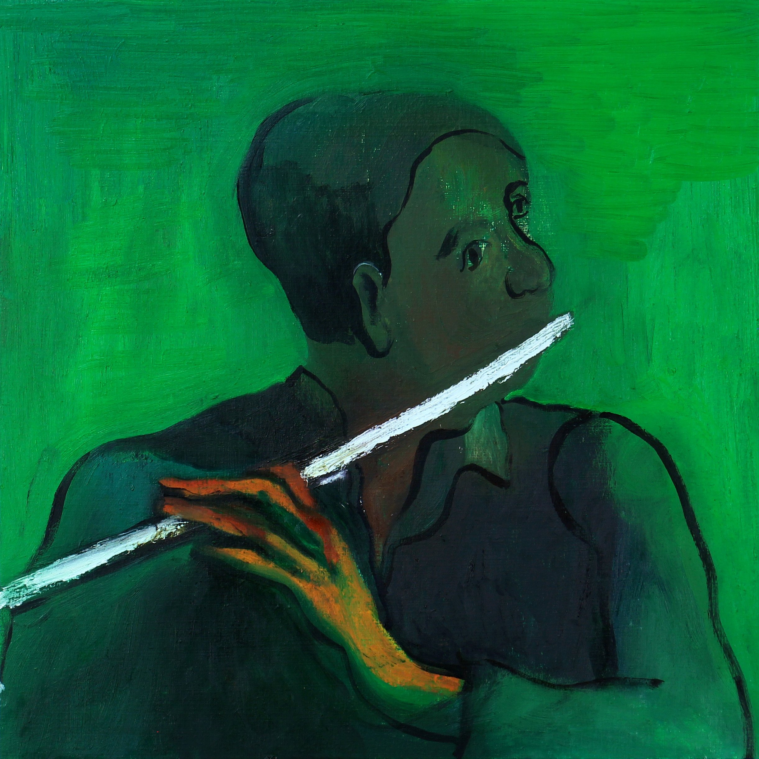   The Flute Player , Oil on Wood, 16x16 Inches, 2021 