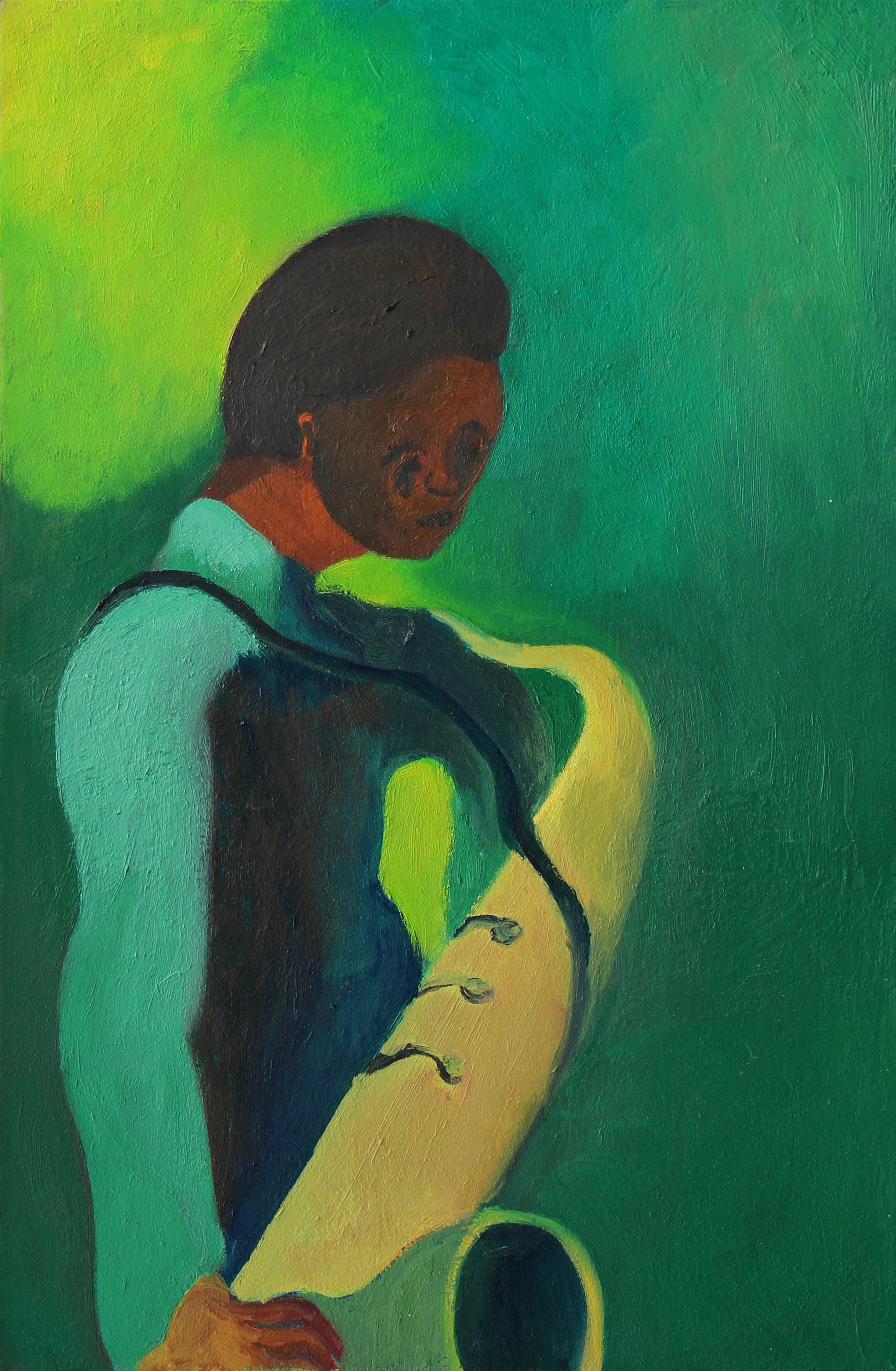   Saxophone Meditation , Oil on Wood, 20 x 14 Inches, 2020-21  