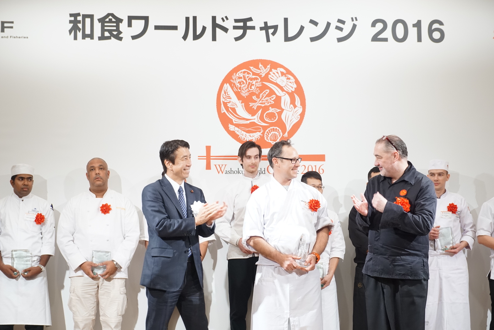 Sean Presland (centre) winning second place at the World Washoku Challenge 2016