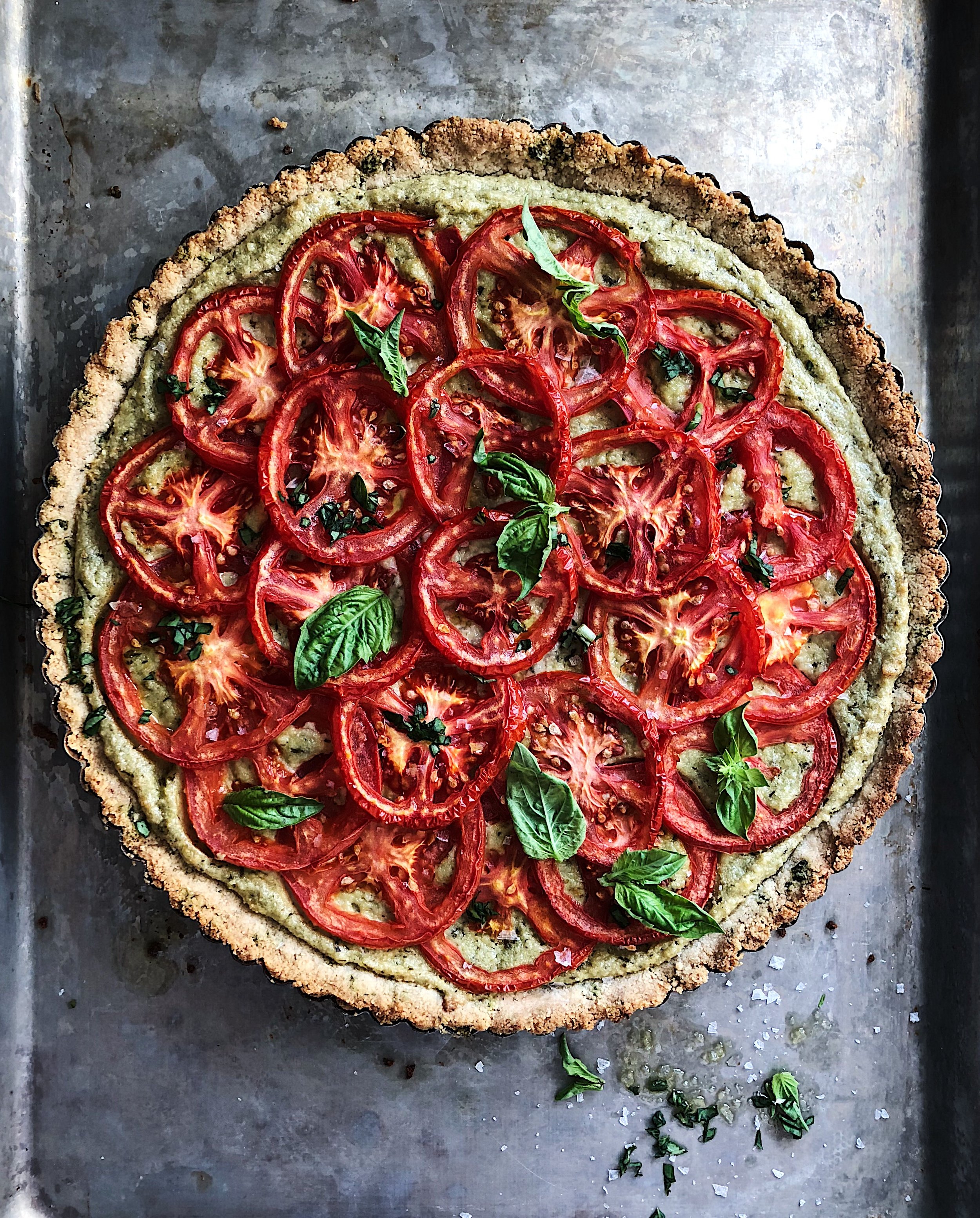 Tomato Basil Tart with Basil Garlic Cashew Cream 