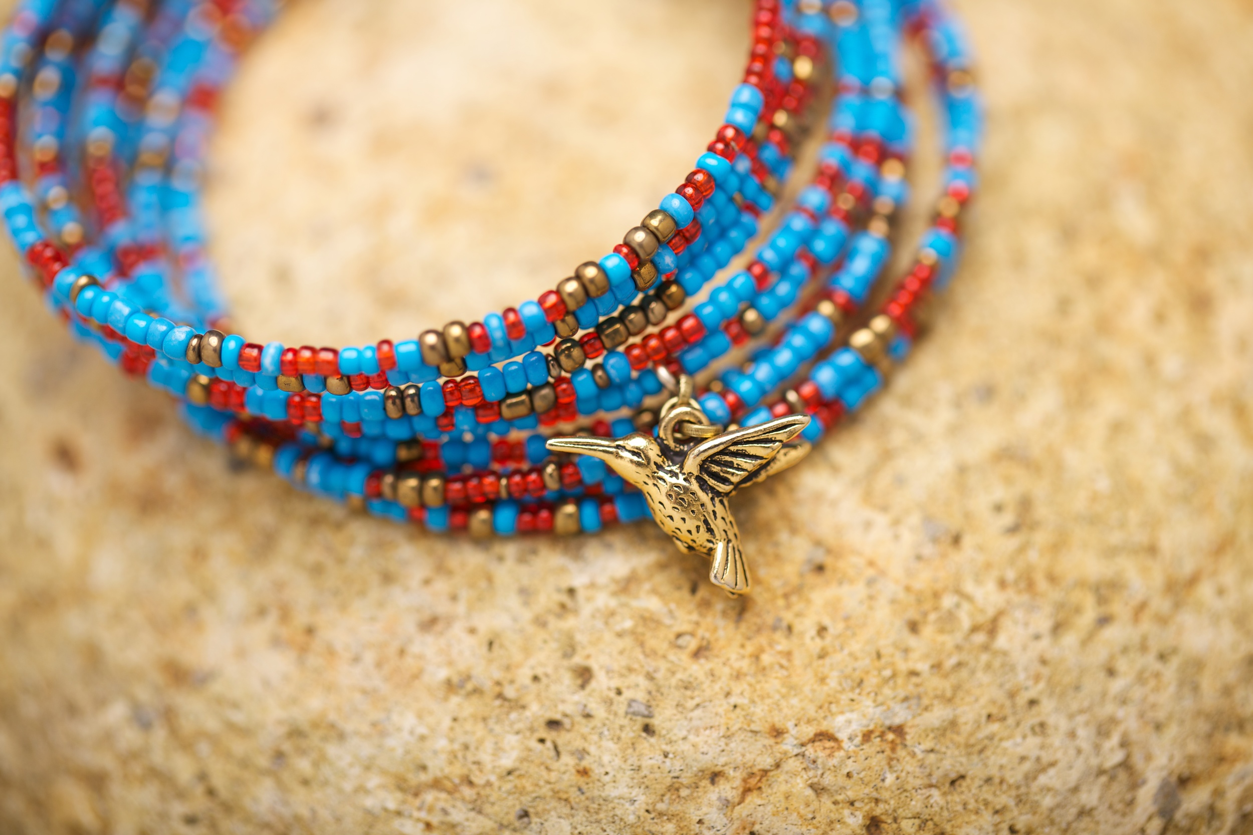 Sky Blue, Red and Gold Hummingbird Bracelet