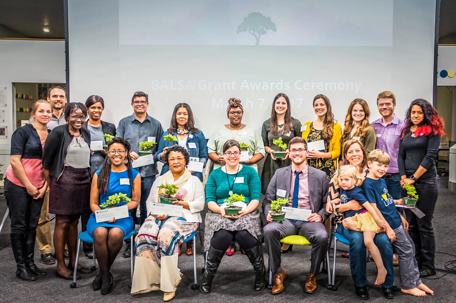 Spring 2017 BALSA Grant Awards Ceremony. From Left to Right Back Row: Alina Oltean, BALSA Foundation Volunteer; Matt Wyczalkowski, Executive Director; Theresa Owuor, Program Director; Kathleen Cook, Esso Skin Care; Tim McIntyre, My Neighbor's Garage; Latonja Flowers, Sahgol Jewelry Co; Sade Hobson Singleton, Doohicky Craftique, LLC; Candi Tenney, Rita Childers, CORE + RIND; Brittany Riehlman, Outreach Director; Tom Cohen; Reyka Jayasinghe, Technology Director. Bottom Row Left to Right: Amanda Colon-Smith, Leche Love Notes; Madeline Jackson, NanaComb Vision LLC; Jessica "Merlin" Whitman, The Tiny Hedgehog; Andrew Lau, mDental; Shannon Koenig, Insprawear.