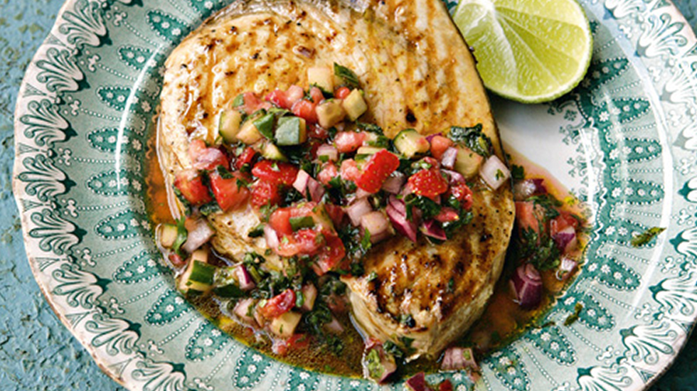 GRILLED SWORDFISH WITH STRAWBERRY, CUCUMBER & CILANTRO SALSA