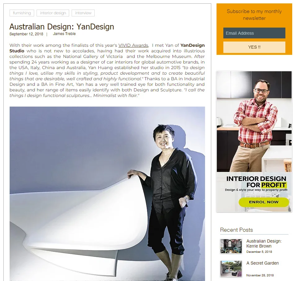 James Treble blog 12/9/2018 . https://www.jamestreble.com/single-post/2018/09/12/Australian-Design-YanDesign-1