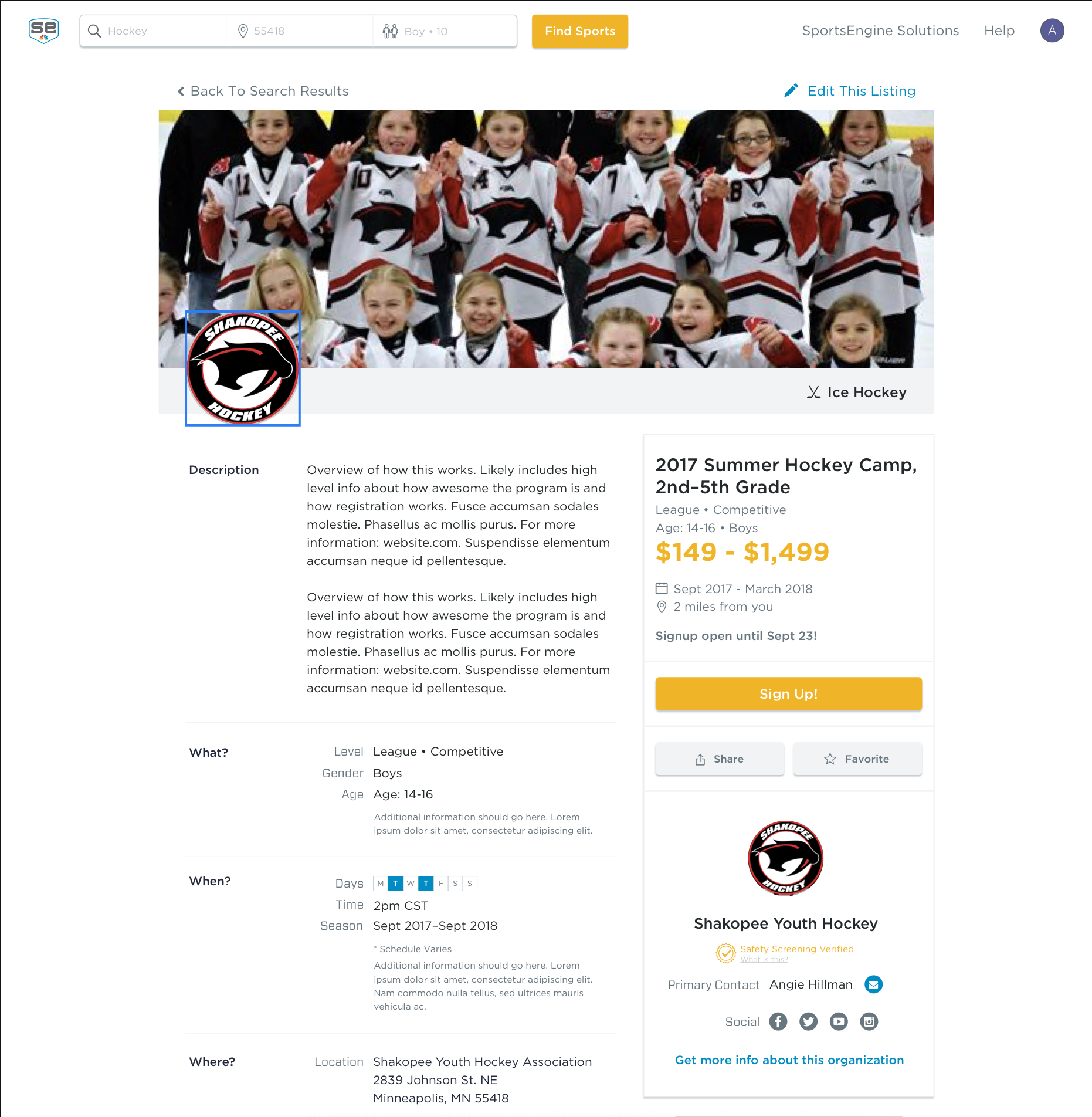 Sports Program Information Page