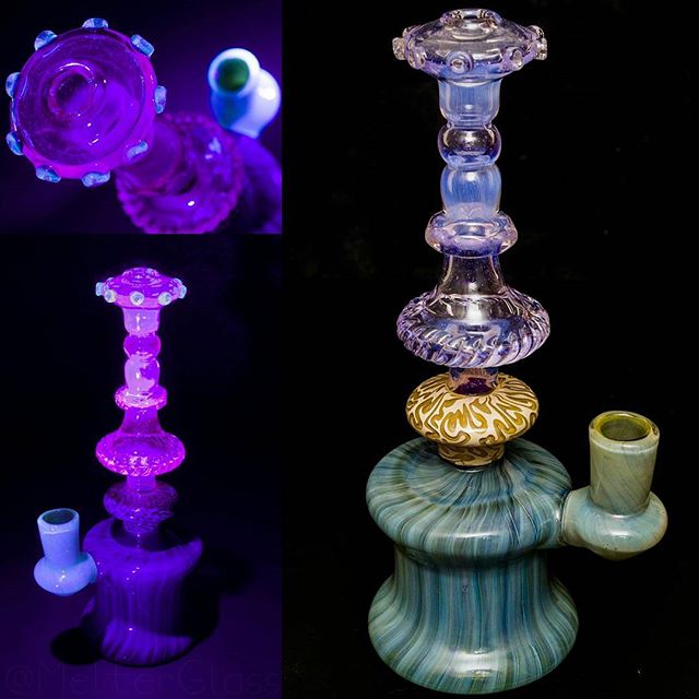 Highly textured 9&quot; tall Lucy, Blue-UV, Caramel &amp; Deppe's Darkness 14mm banger hanger rig by @melterglass. Feels great in the hand and hits even better. The middle bubble is clear carved caramel, the UV colors on the stem pop and the banger h