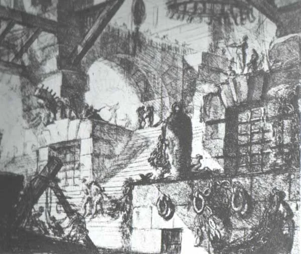 Figure 7: Piranesi's sketch of an imaginary prison interior, from the series of etchings called Carceri (Prisons), 1744.