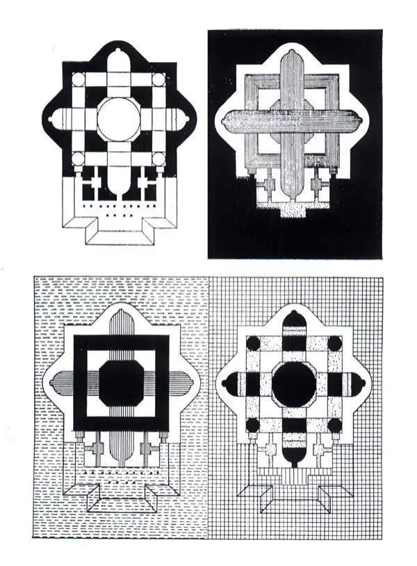 Figure 11: Zevi's diagrams of St. Peter's cathedral, redrawn from his Architecture as Space , 1957.
