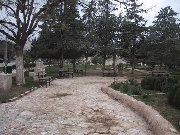 Figure 2: Central area of park before renovation showing mature cypress trees and flagstone paving.