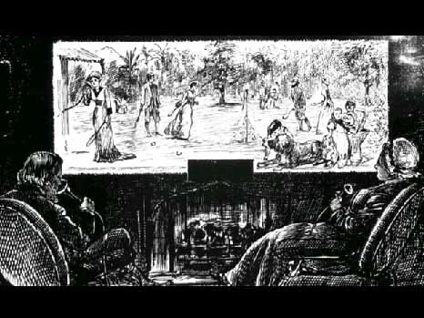 Figure 4: A futuristic drawing from the 1870s printed in the humor magazine Punchthat shows a mother and father in England carrying out the equivalent of a video conference with members of their family in Sri Lanka.