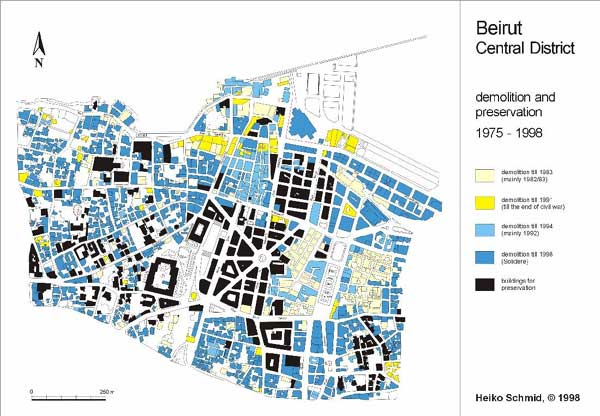 Figure 7: Beirut's war-destroyed fabric, post-war destroyed fabric, and preserved fabric.
