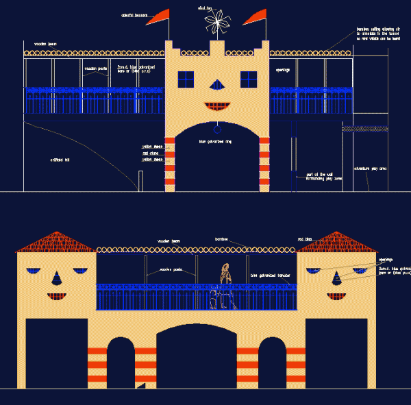 Figure 7: Elevation drawings of the bridge connecting the adventure and free play areas, and the bridge connecting the artificial hill and the adventure area.