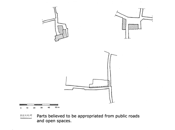 Figure 1: Examples of encroachments on public space in Medina, showing houses believed to have encroached on the street or open public space. (For locations within Medina, see figure 8.)