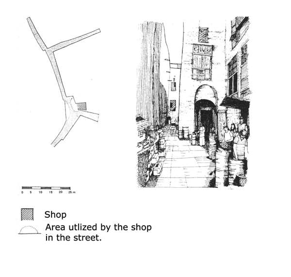 Figure 6: Example of a shop in the al-Aghawat neighborhood in Medina that utilizes the whole width of the lane, leaving only a passageway in the center of the lane. (For location within Medina, see figure 8.)