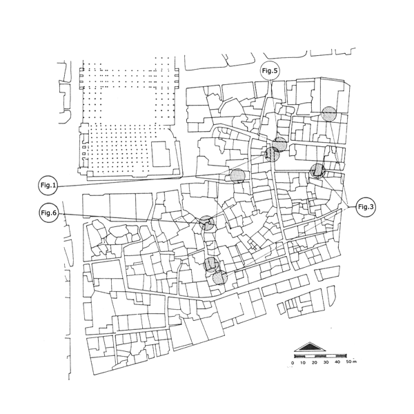 Figure 8: Plan of al-Aghawat neighborhood in Medina, showing the locations of examples illustrated in figures 1, 3, 5, and 6.