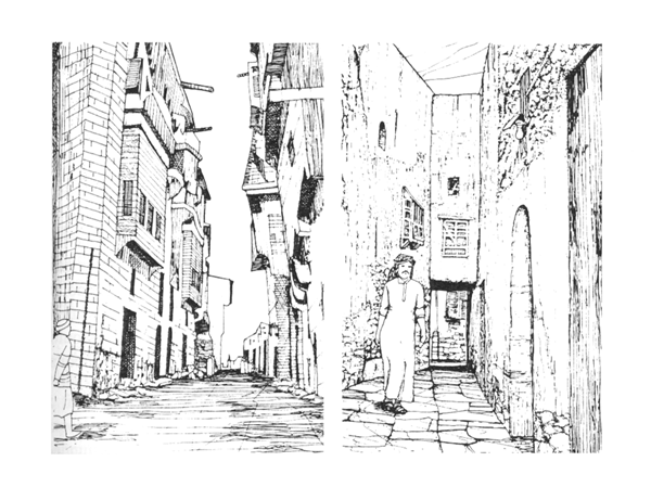 Figure 10: Examples of projections built over the streets in Medina; left: mashrabiyya (wooden grill or grate to cover windows or balconies) projecting onto the street; right: a second floor chamber built on top of the street.