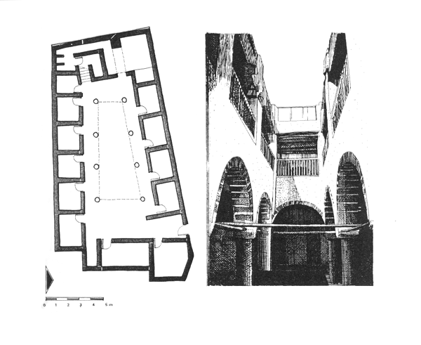 Figure 11: Example of a courtyard house in Medina; left: ground floor plan; right: view from courtyard.