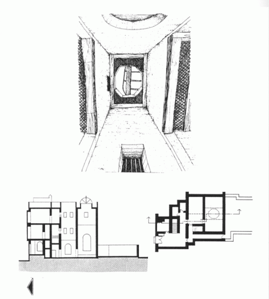 Figure 12: Example of a qa'a house in Medina; top: view looking up from the floor of the qa'a ; bottom left: section; bottom right: ground floor plan.