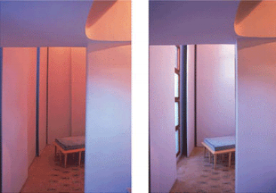  Work and consultation room: two views showing the different lighting effects that can be achieved by moving the sliding wall panels.