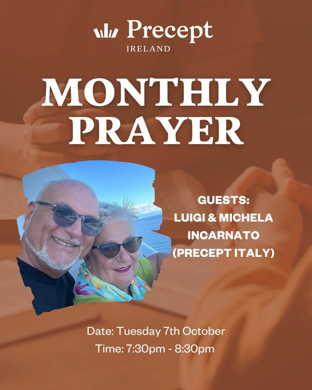 Join us for our monthly prayer meeting tonight and hear from Luigi &amp; Michela Incarnato about the work of Precept in Italy - don&rsquo;t miss it!
📅 Date: Tuesday 7th October
⏰ Time: 7:30pm - 8:30pm
📍 Location: Online via Zoom
#PrceptIreland #Pre