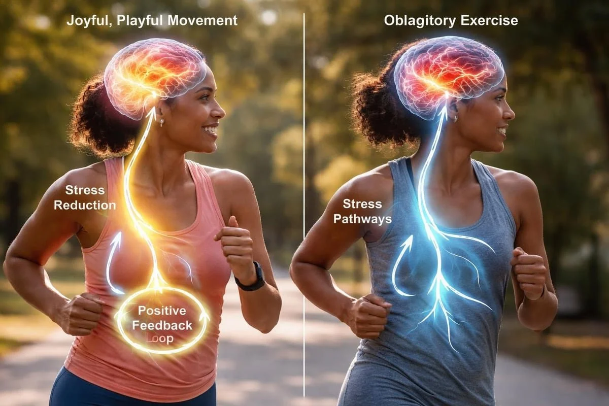Side-by-side illustration of a woman moving outdoors comparing joyful, playful movement with obligatory exercise, with glowing brain and body pathway overlays to represent positive feedback, stress reduction, and stress response.