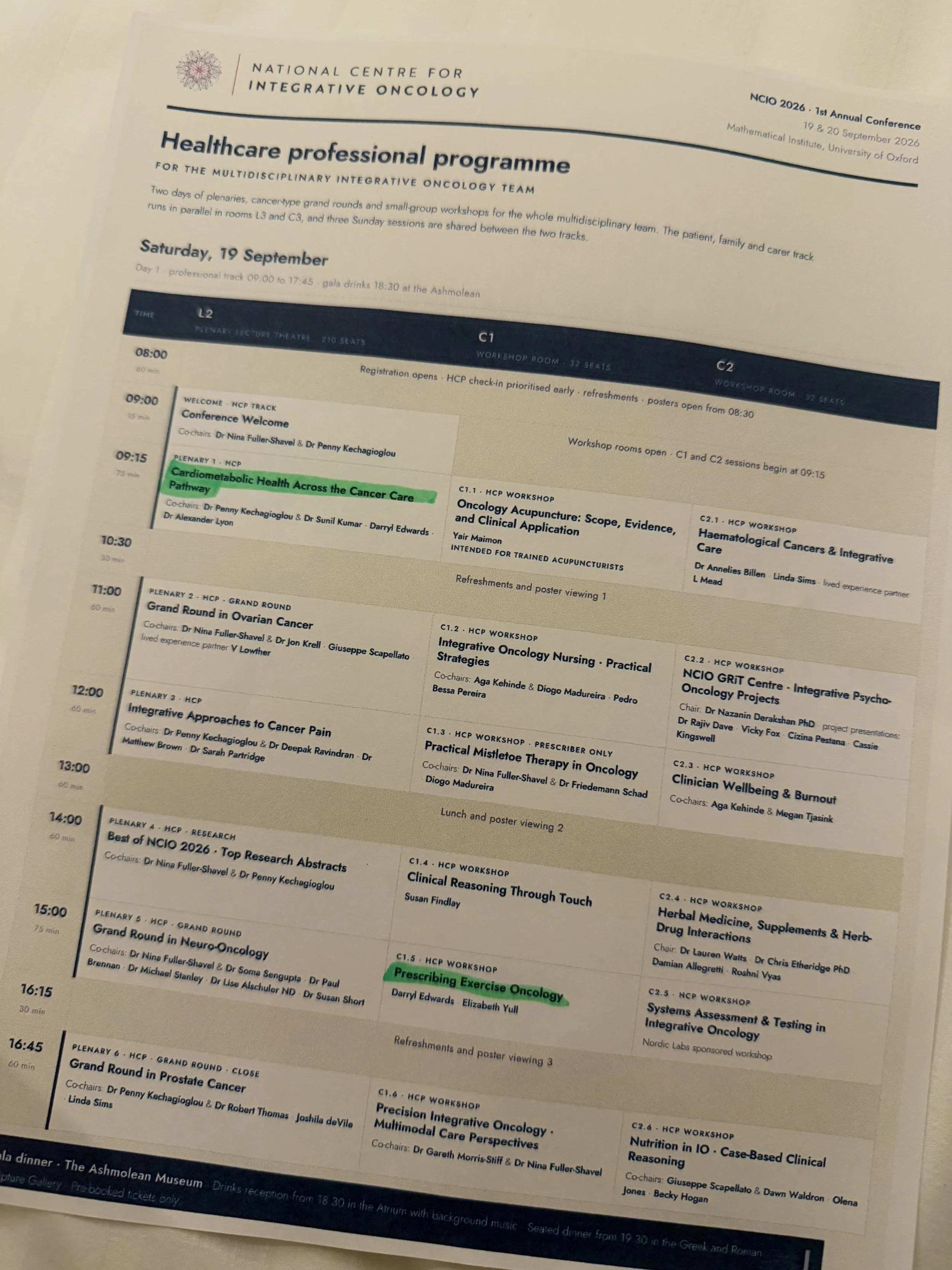 I picked up today&rsquo;s NCIO programme and highlighted my name three times.

First, a plenary talk for cardiometabolic health across the cancer care pathway 

Then, Movement is Medicine with patients, families and carers.

Later, prescribing exerci